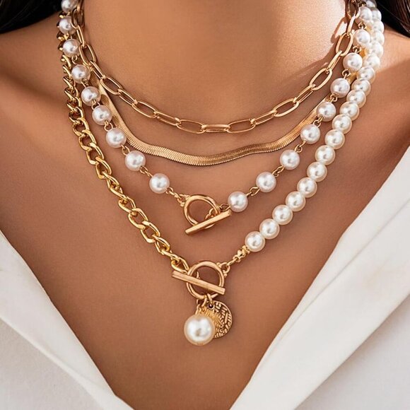 Gold Layered Necklace Set for Women Pearl Paperclip Chain Herringbone Jewelry - Picture 2 of 8